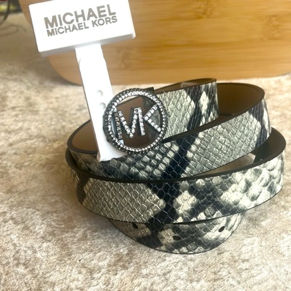 Brand New Michael Kors Genuine Leather Snakeskin Print Belt Sparkly Logo Buckle